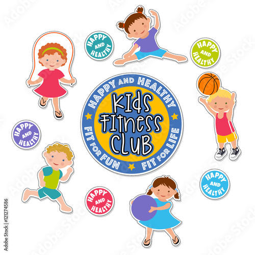active children playing sports. caucasian kids fitness stickers.