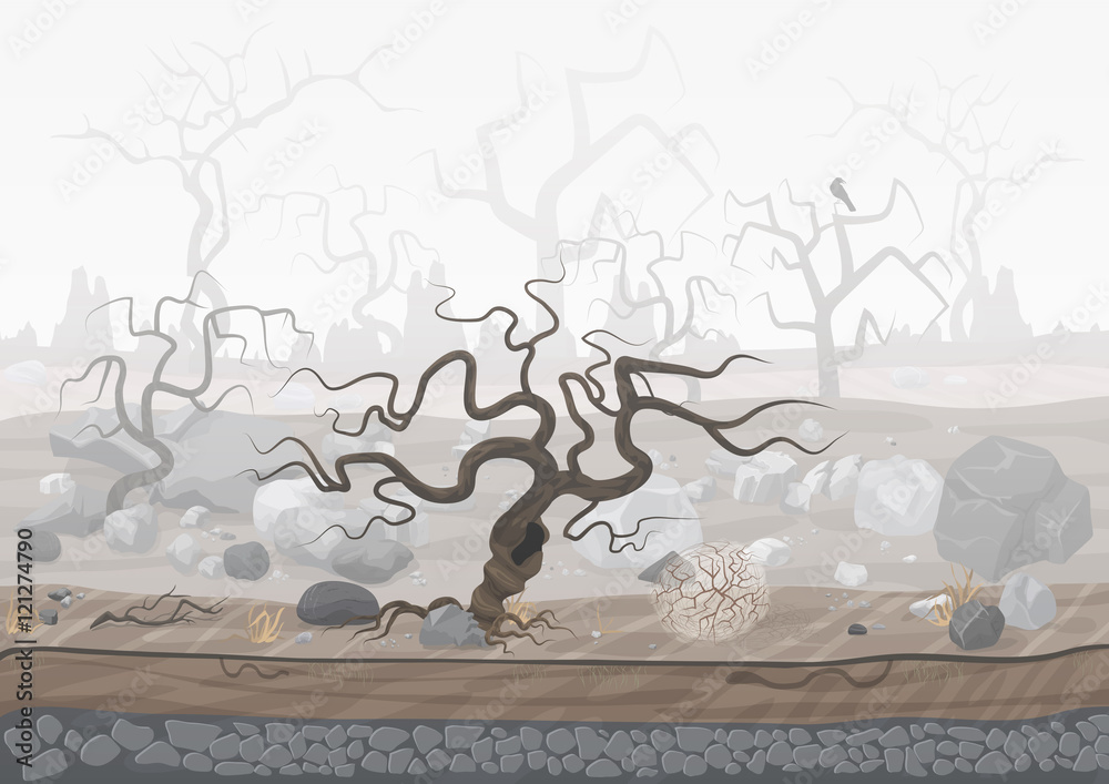 Obraz premium Mysterious forest in fog. Dark spooky halloween landscape scene.