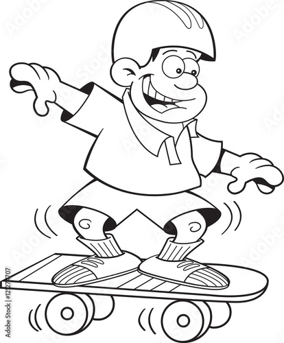 Black and white illustration of a boy skateboarding.