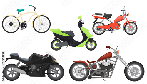 Classic color flat realistic motorcycle moped, speed motorbike, travel motorcycle, power moto bikes collection set. © lembergvector