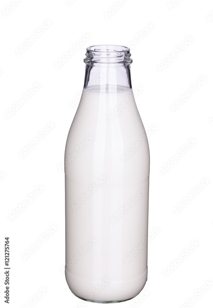 Geöffnete Flasche Milch freigestellt (mit Beschneidungspfad, cl Geöffnete Flasche Milch freigestellt (mit Beschneidungspfad, cl