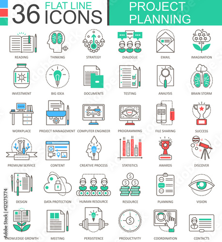 Vector business finance project planning modern color flat line outline icons for apps and web design.