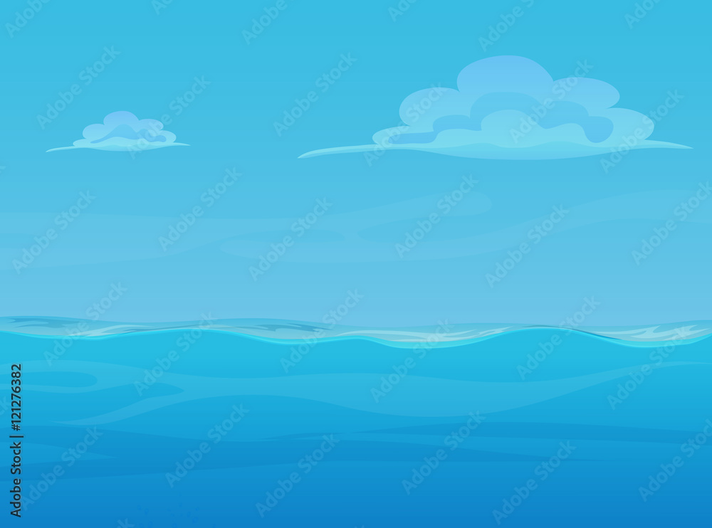 Water ocean sea landscape with sky and clouds. Vector game style illustration. Background for games.