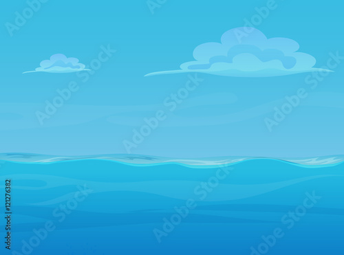 Water ocean sea landscape with sky and clouds. Vector game style illustration. Background for games.