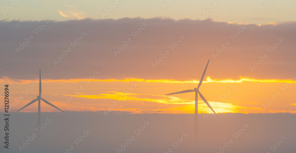 Fototapeta premium Wind turbine in a field at sunrise in summer