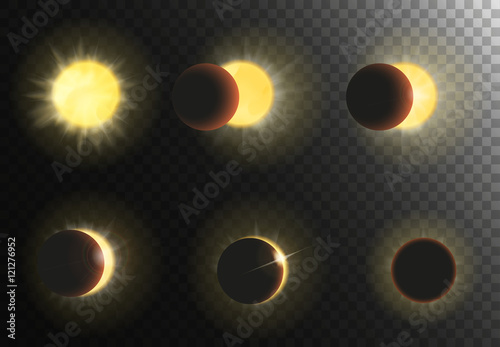 Sun eclipse vector illustration. Different phases of solar eclipse set.