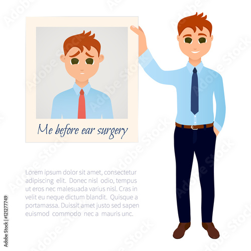 Man showing his photo before plastic ear surgery. Ear reshaping design template. Before and after surgical ear correction. Otoplasty medical concept. Vector illustration.


