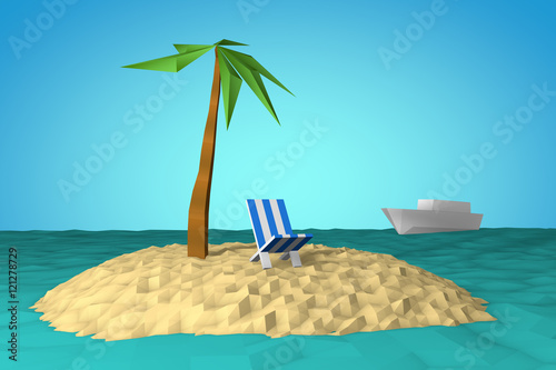 island in the ocean with palm tree and chair