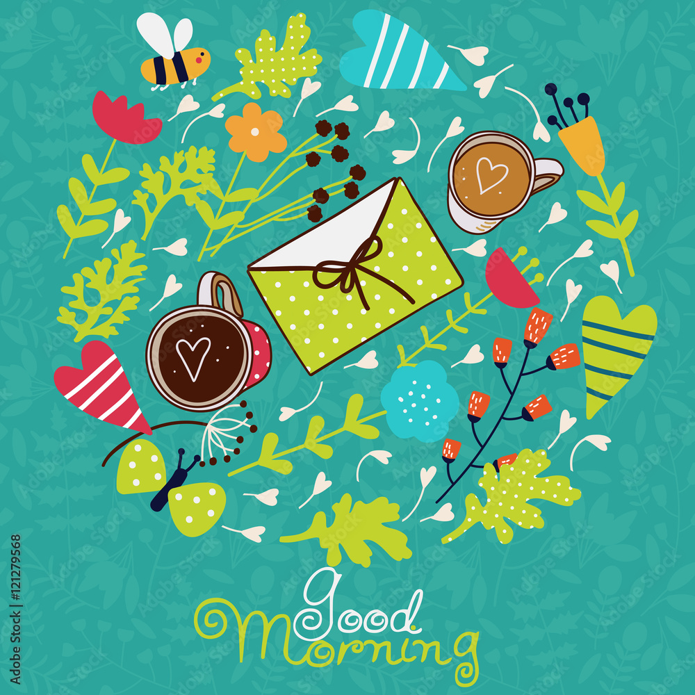 Romantic breakfast with Coffee Cups, flowers and love message Stock