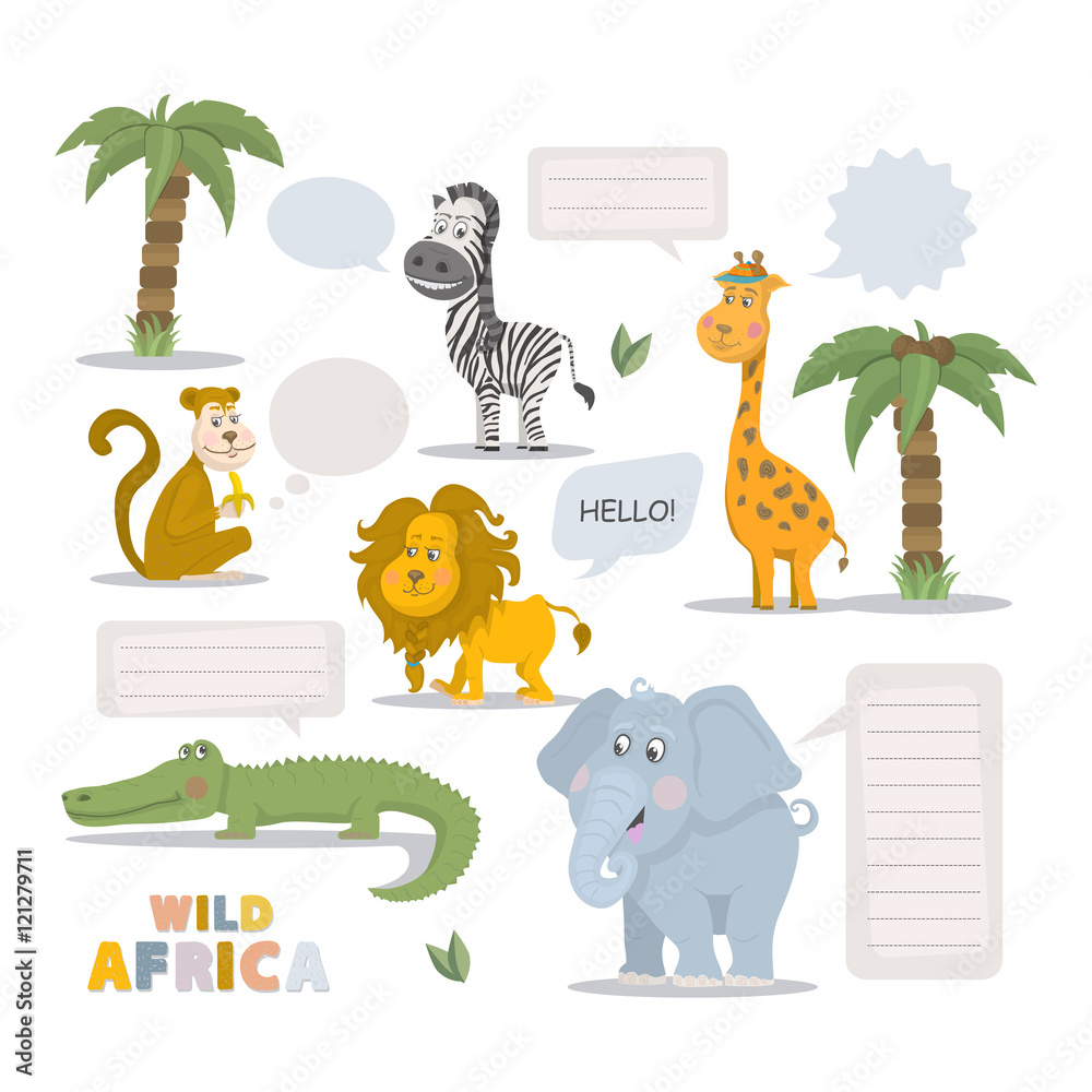 Wild animal zoo with clean speech bubble vector cartoon set. Wild vector  animals mammal. African animals character. Pets silhouette. Vector cute  animals isolated on a white background Stock Vector | Adobe Stock
