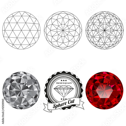 Set of sphere cut jewel views isolated on white background - top view, bottom view, realistic ruby, realistic diamond and badge. Can be used as part of logo, icon, web decor or other design.