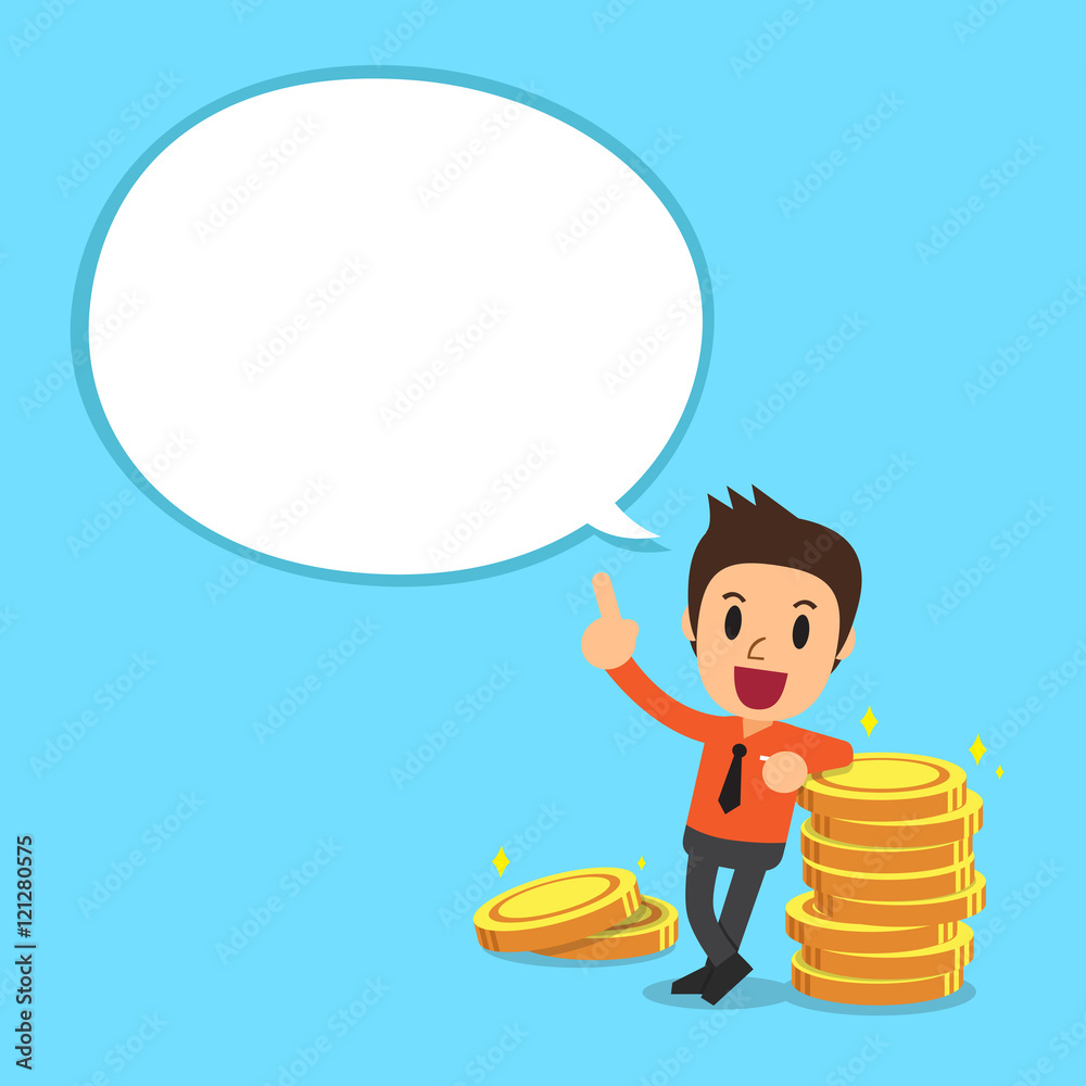 Businessman and money coins with white speech bubble Businessman and money coins with white speech bubble