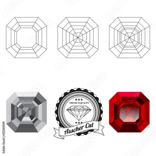 Set of asscher cut jewel views isolated on white background - top view, bottom view, realistic ruby, realistic diamond and badge. Can be used as part of logo, icon, web decor or other design. photo