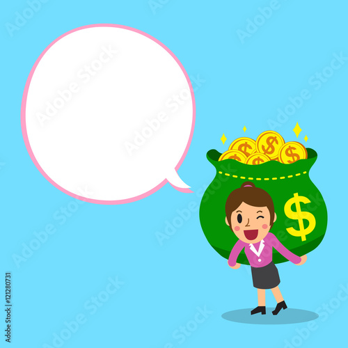 Businesswoman and money bag with white speech bubble