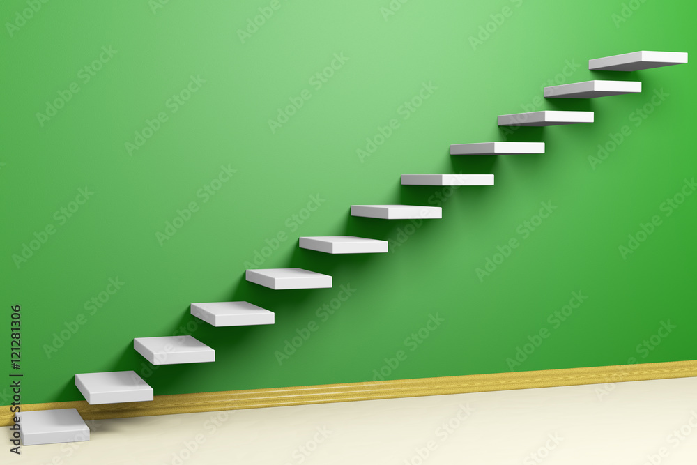 Ascending stairs of rising staircase in green empty room with be Ascending stairs of rising staircase in green empty room with be