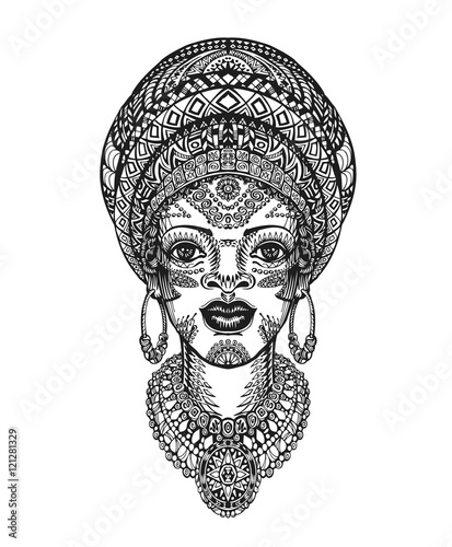 Beautiful african woman in turban. Hand drawn vector illustration with traditional decorative elements
