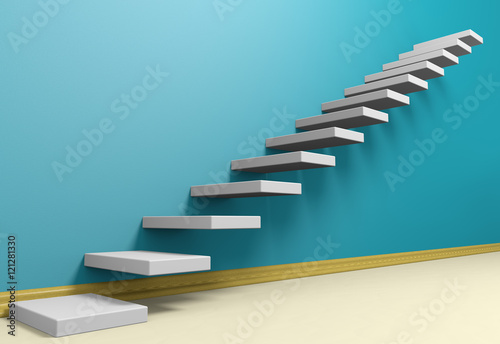 Ascending stairs of rising staircase in blue empty room with bei