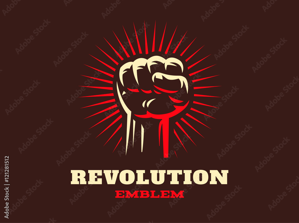 Fototapeta premium Revolution hend up emblem illustration on dark background