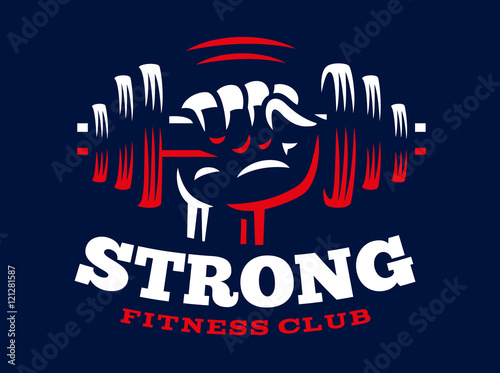 Dumbbell hand emblem illustration on dark background