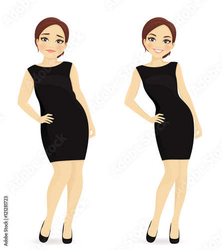 Fat and slim woman, before and after weight loss in black dress isolated