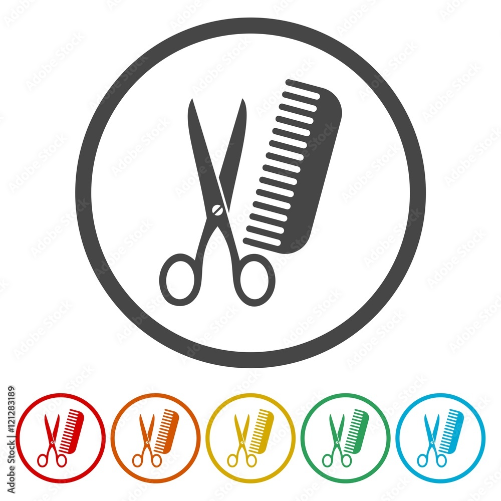 Comb hair with scissors sign icon. Barber symbol Comb hair with scissors sign icon. Barber symbol