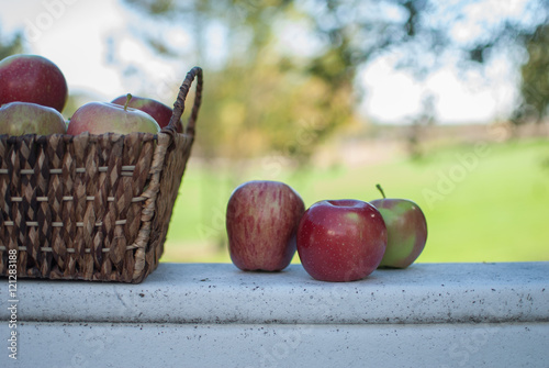 Apple basket sitting on rail with three apples separated