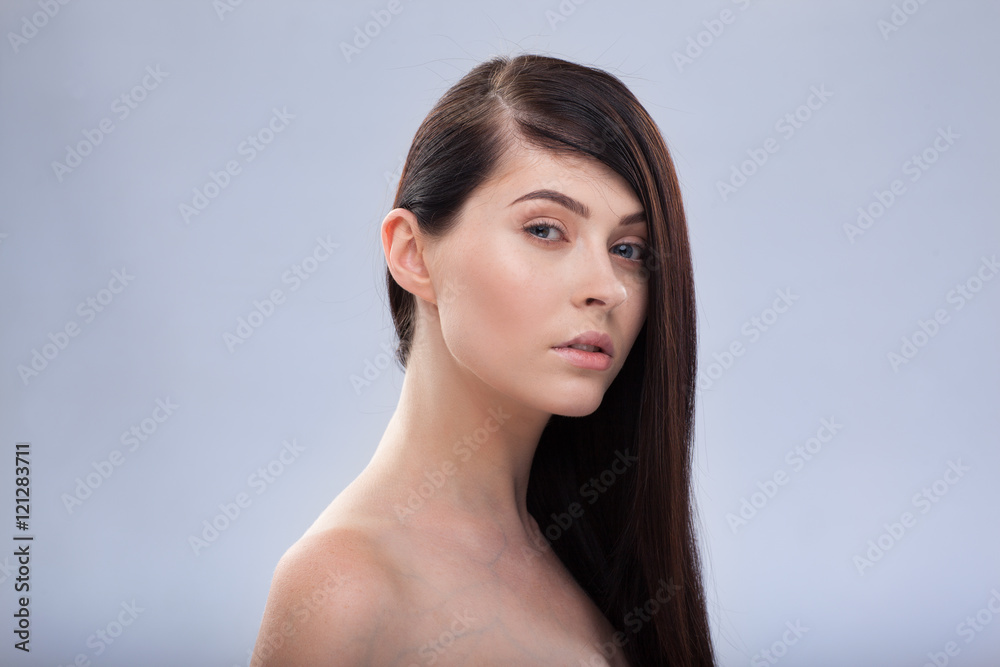 Woman Beauty Face Smile, Close Up Portrait Beautiful Female, Young Brunette Girl Over Gray Background Woman Beauty Face Smile, Close Up Portrait Beautiful Female, Young Brunette Girl Over Gray Background