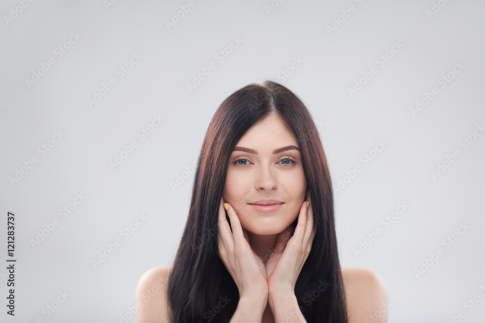 Woman Beauty Face Smile, Close Up Portrait Beautiful Female, Young Brunette Girl Over Gray Background Woman Beauty Face Smile, Close Up Portrait Beautiful Female, Young Brunette Girl Over Gray Background