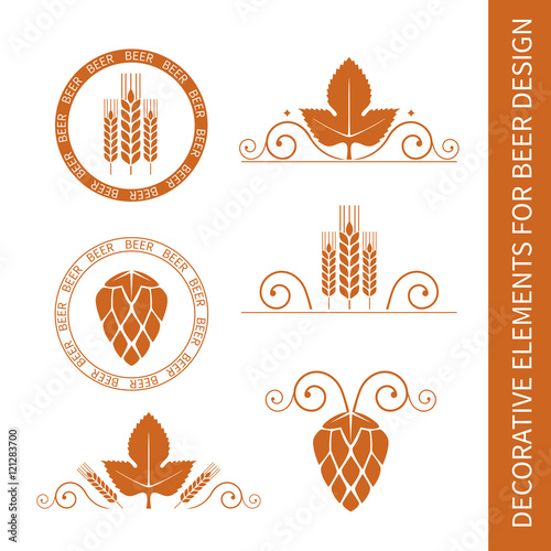 Decorative floral elements with barley or wheat ears and hop cones for beer label design. Design of borders and stamps. Vector.