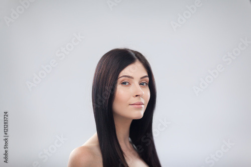 Woman Beauty Face Smile, Close Up Portrait Beautiful Female, Young Brunette Girl Over Gray Background