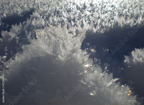 Close up of snow, with visible snow crystals