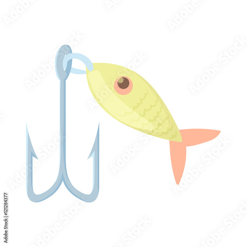 Fishing hook with fish icon in cartoon style isolated on white background vector illustration