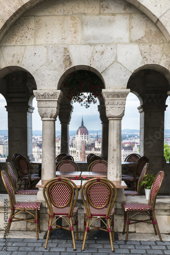 Canvas Print Budapest, Hungary  - June 12, 2016: View from the cozy coffee in Fishermen's Bastion on Parliament building
