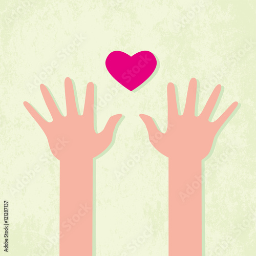 Two hands and heart on grunge background. Love, charity, donation, volunteering concept. Vector ilustration