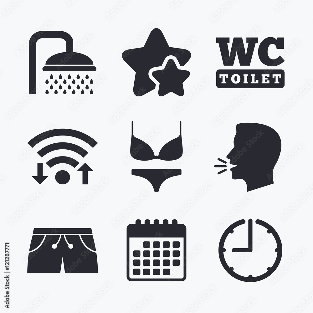 Swimming pool icons. Shower and swimwear signs. Swimming pool icons. Shower and swimwear signs.
