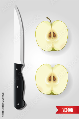 Realistic illustration of knife and two halves of green apple with seeds. Vector