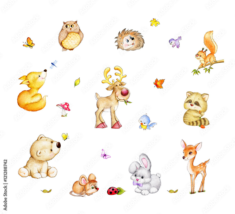 Naklejka premium Collection of cute forest animals - bear, fox, squirrel, hedgehog, raccoon, rabbit, deer, moose, mouse, owl, birds