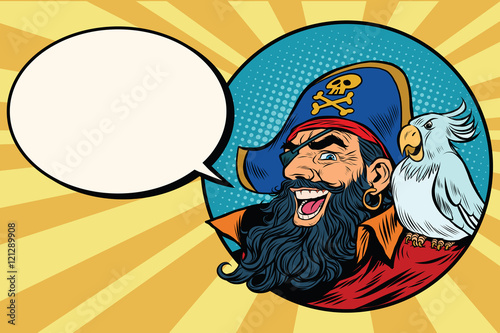 happy pirate with a parrot, pop art comic bubble