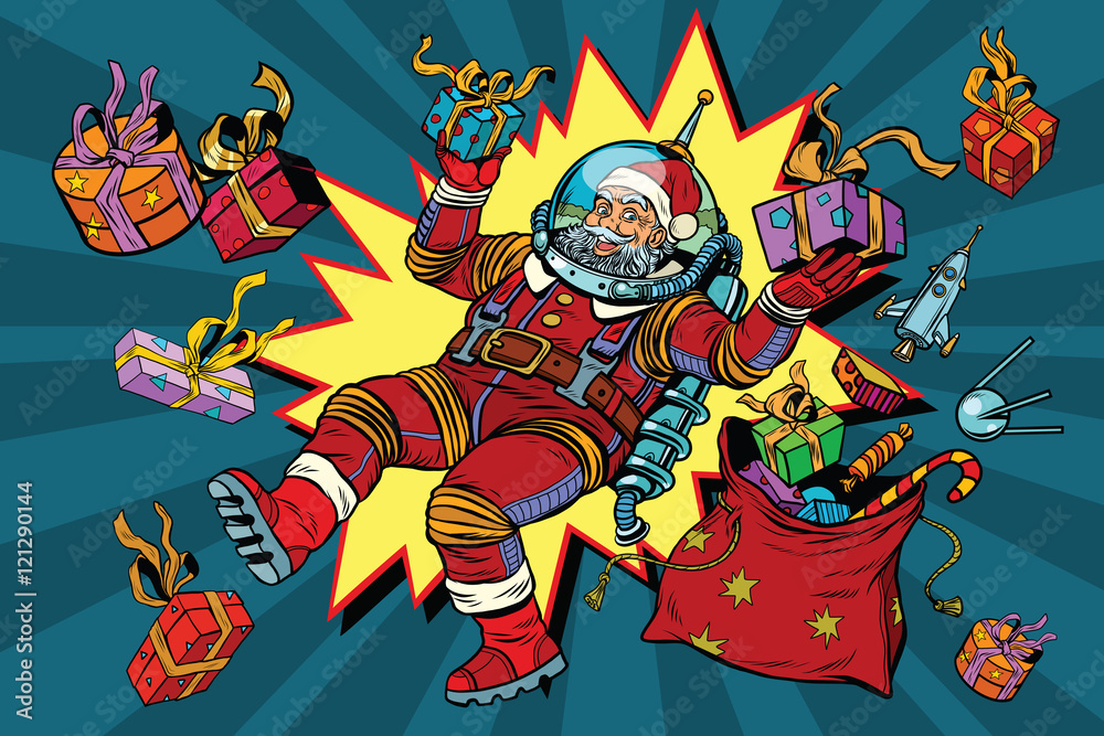 Fototapeta Space Santa Claus in zero gravity with Christmas gifts