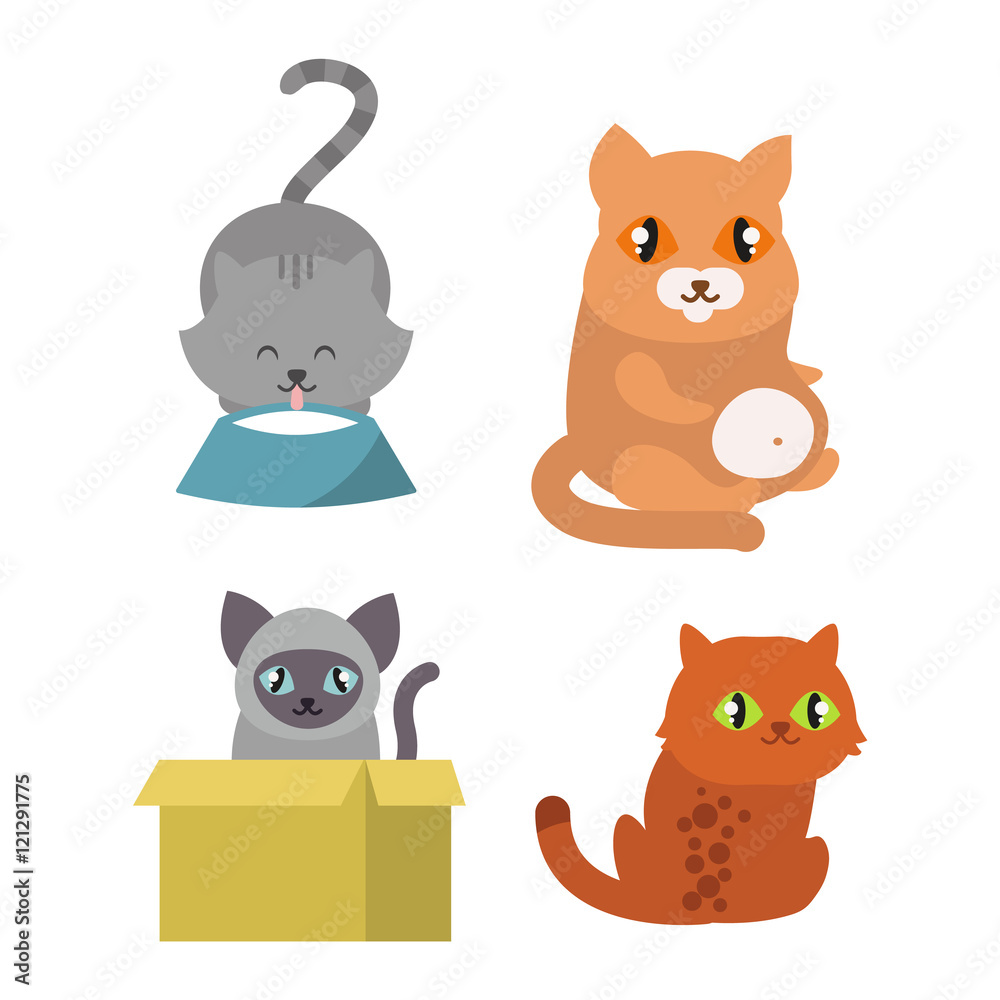 Obraz premium Cats collection vector silhouette. Cute domestic cats different animals. Different cats young adorable tail symbol playful paw. Cartoon funny standing drawing domestic pussy characters set.