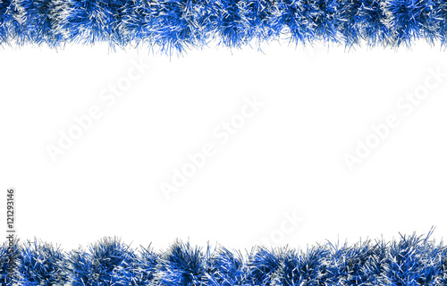 Seamless Christmas blue silver tinsel frame. Isolated on a white background.
