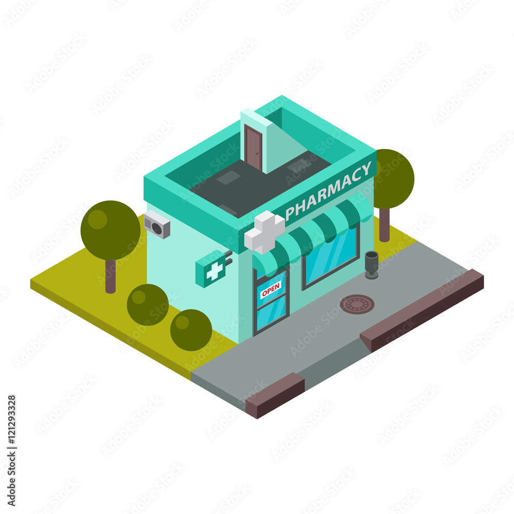 Vector pharmacy isometric building isolated Vector pharmacy isometric building isolated