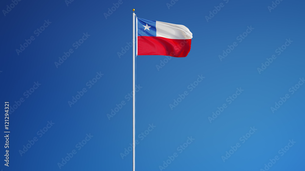 Chile flag waving against clean blue sky, long shot, isolated with clipping path mask alpha