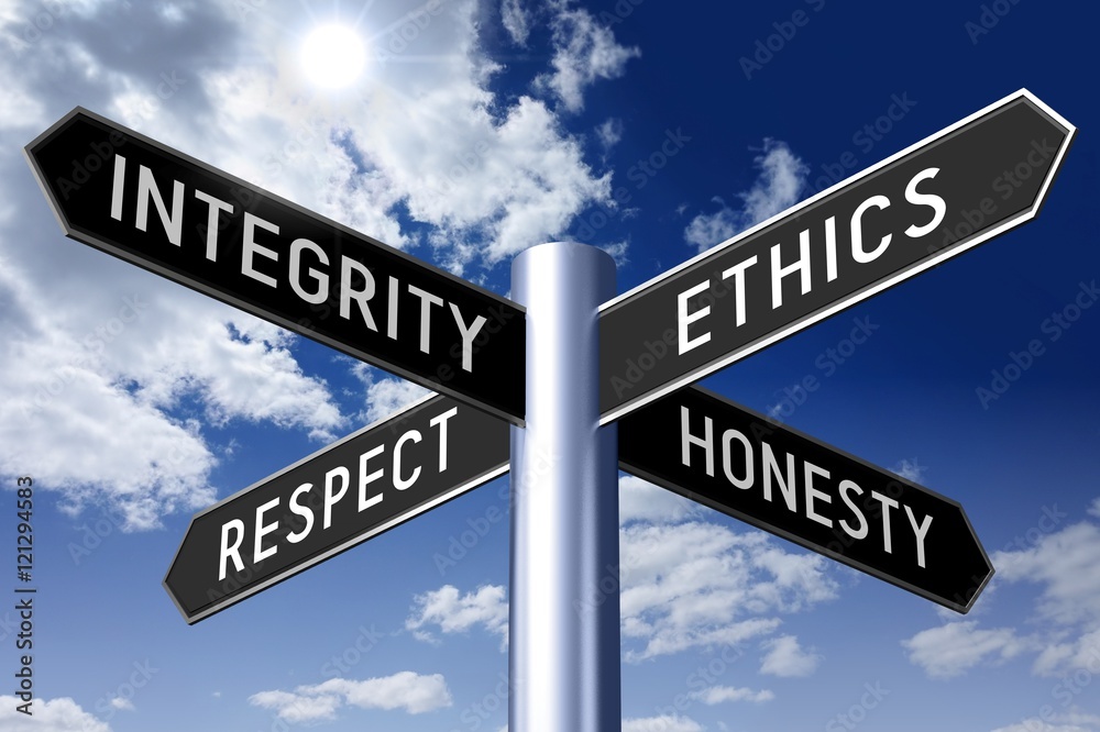Signpost with four arrows - business ethics (integrity, ethics, respect, honesty). Signpost with four arrows - business ethics (integrity, ethics, respect, honesty).