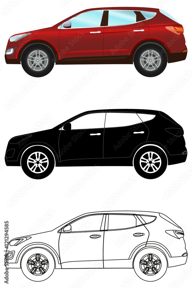 Fototapeta premium Set of terrain vehicles in flat style: colored, black silhouette