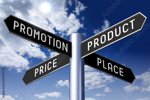 Signpost with four arrows - product sale (promotion, product, price, place).