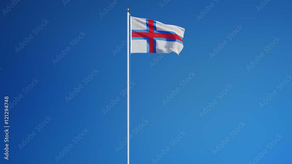 Faroe Islands flag waving against clean blue sky, long shot isolated with clipping path mask alpha channel transparency digital composition Faroe Islands flag waving against clean blue sky, long shot isolated with clipping path mask alpha channel transparency digital composition