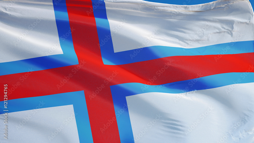 Obraz premium Faroe Islands flag waving against clean blue sky, close up, isolated with clipping path mask alpha channel transparency digital composition