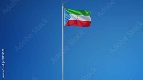 Equatorial Guinea flag waving against clean blue sky, long shot, isolated with clipping path mask alpha channel transparency