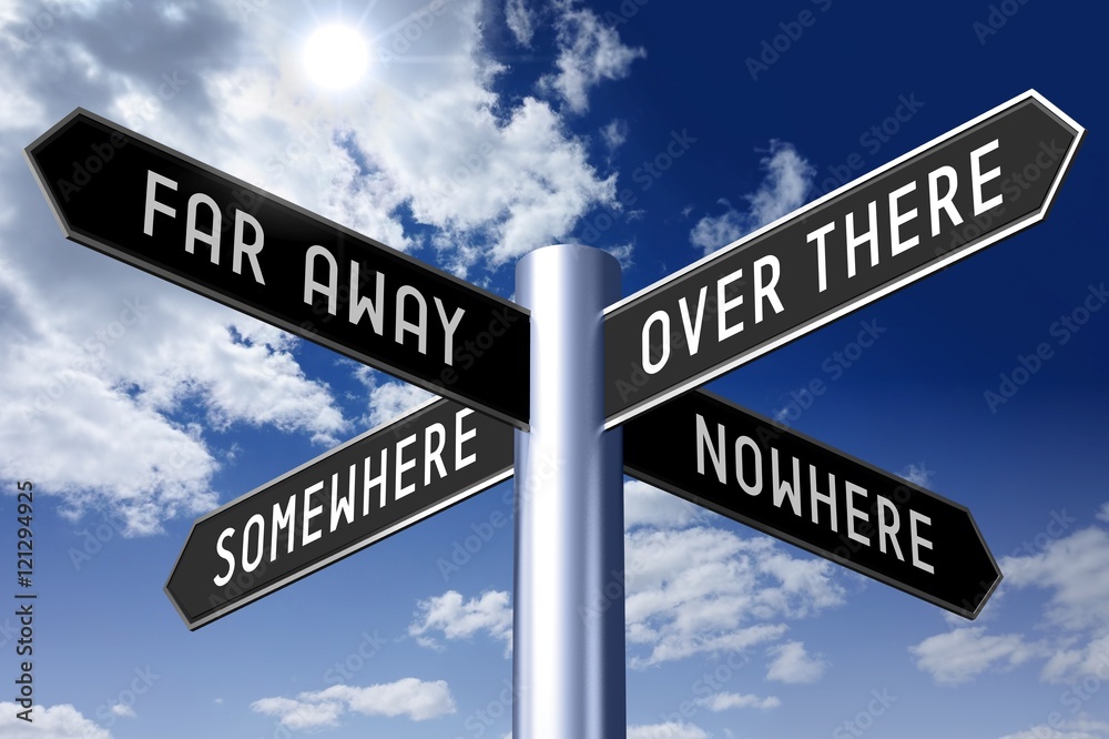 Signpost with four arrows - directions (far away, over there, somewhere, nowhere). Signpost with four arrows - directions (far away, over there, somewhere, nowhere).
